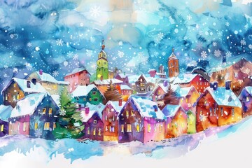 Colorful winter village with snow and lights