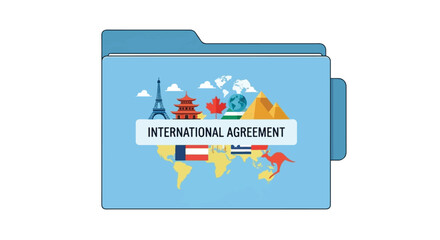 International agreement folder with world map and iconic landmarks symbolizing global cooperation.
