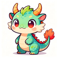Obraz premium Adorable chibi green dragon character with scales and fiery tail standing on ground
