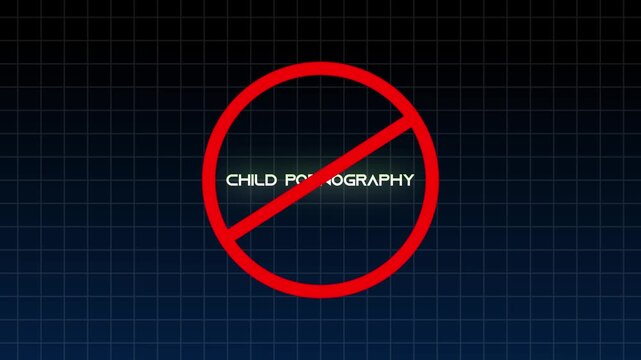 Stop child pornography awareness animation with prohibition sign in dark background.