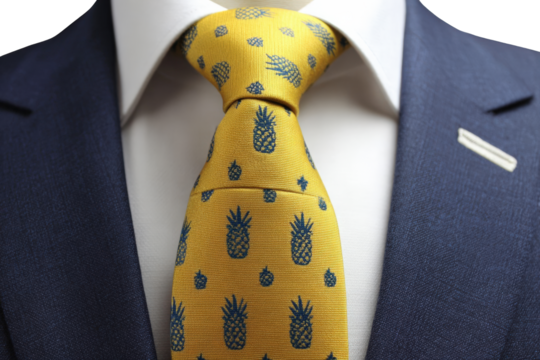 Close-up of a yellow tie with a navy blue pineapple pattern
