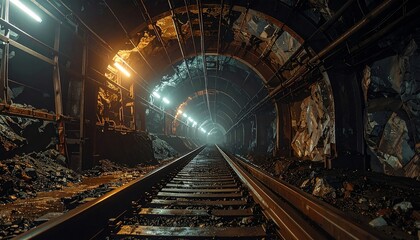 Naklejka premium Underground railway tunnel with lights, stone walls, metal beams, perspective view, and illumination, showing engineering and transportation infrastructure in detail.