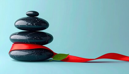 Three black, glossy stones stacked, bound by a red ribbon trailing with a green leaf on a pale blue background