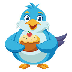 A chubby Albatross cartoon character holding its stomach while eating cake.