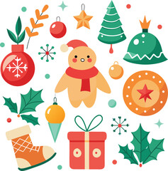 Vector art of cute christmas elements collection with gingerbread man, christmas tree, baubles, gift box, stocking, holly, and festive decorations