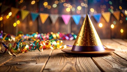 Festive party hat on rustic wooden table