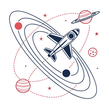 Interstellar Voyage: An illustrated rocket gracefully navigates the intricate orbits of celestial bodies, symbolizing humanity's boundless exploration of space.