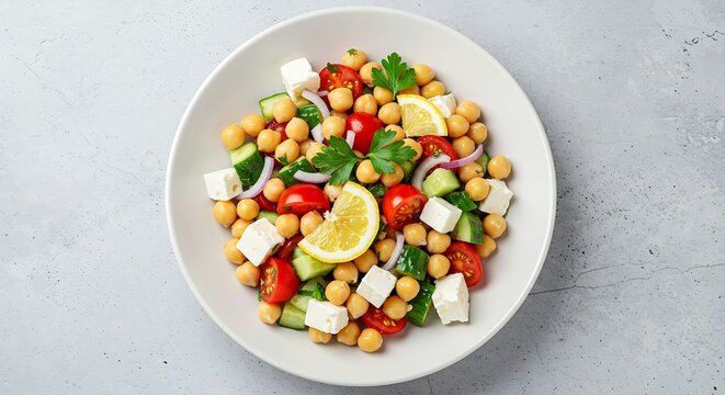 Fresh chickpea salad with tomatoes cucumber cheese and lemon overhead view