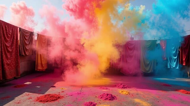 Vibrant Holi Festival Celebration Rooftop Scene with Colorful Powder Clouds and Saris Drying, a Dynamic Display of Indian Culture (147 chars)