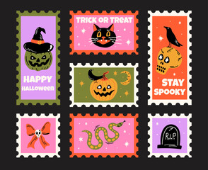Halloween post mail stamps sticker design elements set with cute bold groovy funky cartoon vector illustration of spooky pumpkin, witch hat, magical black cat, skull, crow, snake