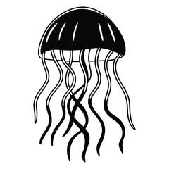 Jellyfish Silhouette: A minimalist, black and white illustration of a jellyfish, showcasing its delicate form and graceful tendrils. Perfect for art, design, and aquatic themes.