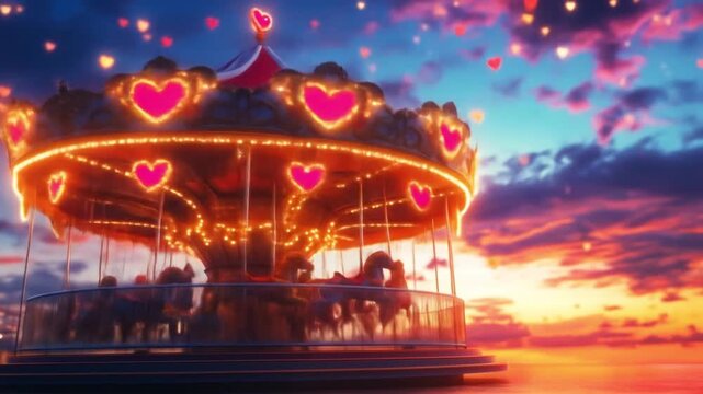 Enchanting heart-themed carousel illuminated at sunset, surrounded by colorful sky and floating lanterns