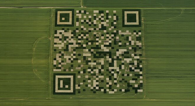 Aerial view of a QR code design within a green crop field.