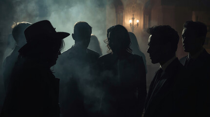 Dark silhouettes of people meeting in a smoke-filled room - an atmosphere of mystery