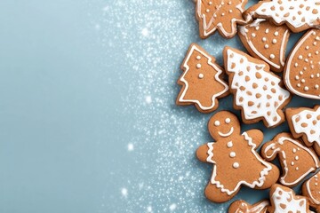 Christmas card with gingerbread cookies over blue background. Top view flat lay with space for xmas greetings