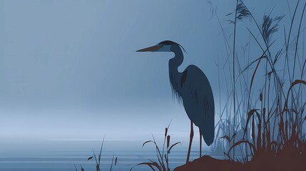 Naklejka premium Still water and rustling reeds frame a lone heron standing quietly, perfect for wildlife or nature visuals.