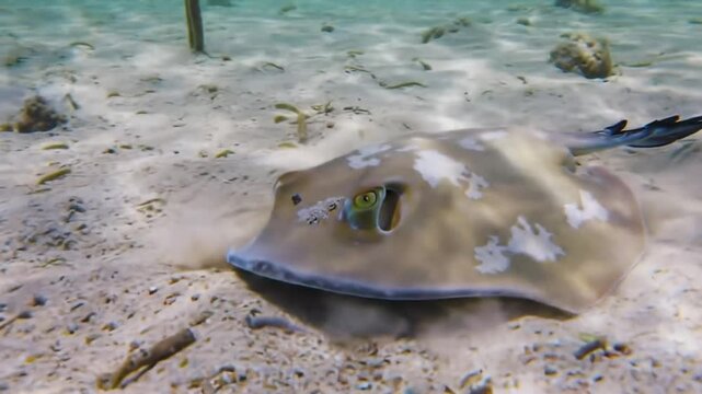 Hidden Stingray Close-Up Underwater Shot with Soft Sandy Seabed Light Brown Stingray With Irregular Pale Spots And Visible Eye And Spiracle Concealed In Sand Shallow Depth Of Field
