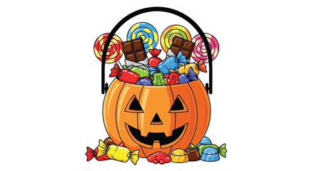 A Halloween pumpkin bucket overflowing with assorted candies and lollipops, with some candies spilled around the base.