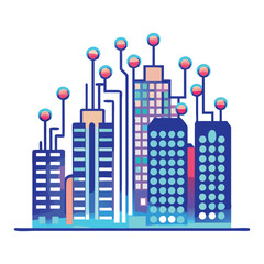 Smart City: A futuristic cityscape is interconnected with a network of digital pathways, symbolizing the integration of technology and urban life, promoting efficiency.