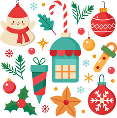 Vector art of a cheerful assortment of christmas icons, featuring a snowman, candy cane, ornaments, gifts, holly, and pine sprigs, presented on a clean