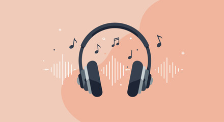 An iconic flat design vector illustration of modern over-ear headphones, symbolizing personal music enjoyment with abstract sound waves and musical notes. 