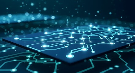 Close up of a blue circuit board with glowing nodes and lines against a dark background bokeh effect