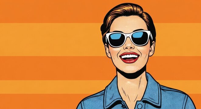 Smiling woman wearing sunglasses poses against orange striped backdrop exuding retro charm and cheerful vibes, capturing a vintage aesthetic with modern appeal.