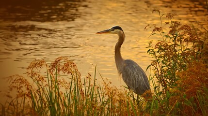 Naklejka premium Heron standing in reeds by calm lake, showcasing elegance and tranquility in wild landscape.