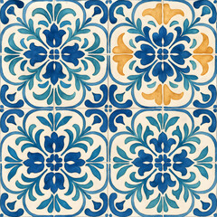 Fototapeta premium Watercolor vintage floral ceramic tile pattern in blue and mustard