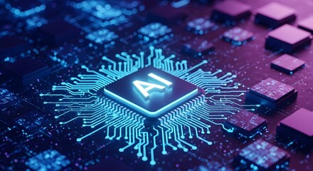 Close up of a glowing ai chip on a circuit board with blue lines and purple background lighting
