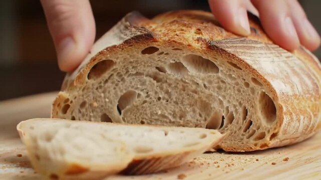 Macro Cinematic Shot of Knife Slicing Through Fresh Sourdough Bread on Wooden Board Showcasing Golden Crust and Airy Interior in Soft Natural Light Perfect for Food Content 198 Characters