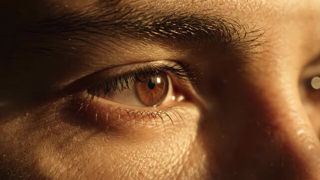 Captivating close-up of a human eye, reflecting light and conveying deep thought and intense focus, perfect for introspective moments.