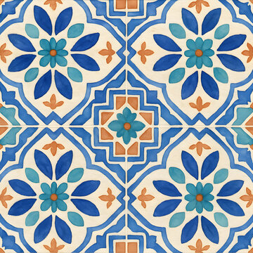 Watercolor decorative geometric floral tile pattern in blue tones
