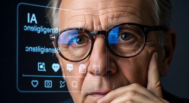 Close up of a man with glasses looking at a screen with social media icons and text reflected on it