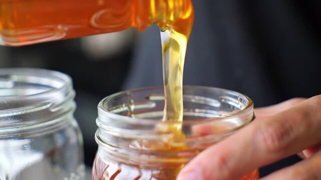 Pouring Golden Honey into Glass Jars Close Up Food Photography with Natural Light Against Dark Grey Background Showing Viscosity and Translucence of the Sweet Treat 199 characters
