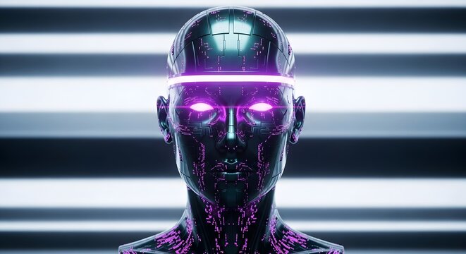 Close up of a metallic android head with glowing purple eyes against a striped background design