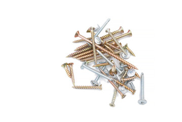 Scattered wood screws isolated on white background