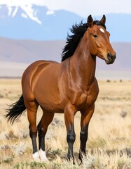 Obraz premium Chestnut horse standing in a dry field, mountains in the background