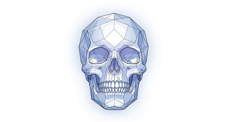 Geometric illustration of a human skull, showcasing a low-poly design with intricate details and shading.