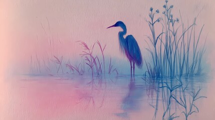Reeds sway as heron watches water below, illustrating delicate balance of bird and habitat.