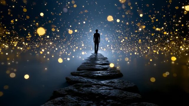 Walking through a magical pathway of light on a serene night