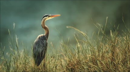 Reeds sway as heron watches water below, illustrating delicate balance of bird and habitat.