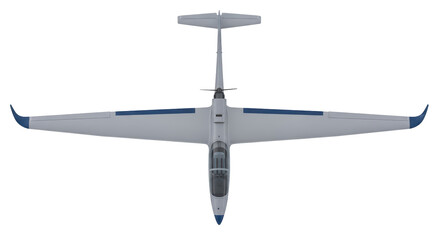 Isolated single engine plane aircraft, with wings extending and tail assembly overhead view