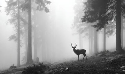 Misty forest scene with deer