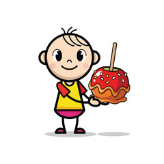 A cheerful cartoon boy with a happy smile holding a big red candy apple covered in caramel and sprinkles.