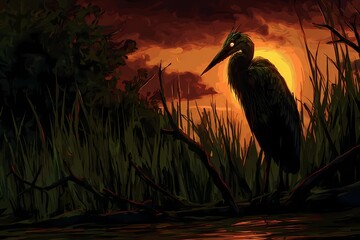 Reeds sway as heron watches water below, illustrating delicate balance of bird and habitat.