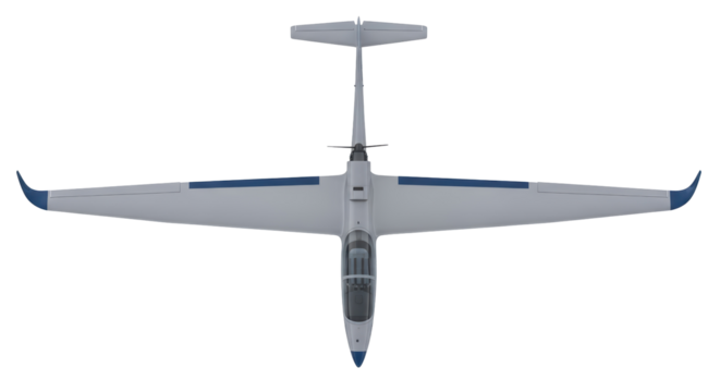 Isolated single engine plane aircraft, with wings extending and tail assembly overhead view