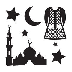  Set of Eid Al Fitr Celebration Icon Silhouettes Featuring Mosque Moon Star.