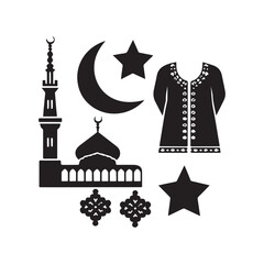  Set of Eid Al Fitr Celebration Icon Silhouettes Featuring Mosque Moon Star.