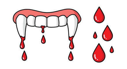Cartoon vampire teeth with blood dripping and blood drops on a white background.